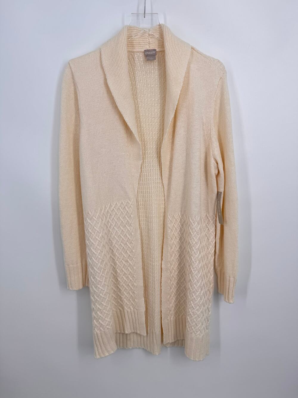 Chico's sweater womens M cardigan cable knit open front long line ecru lagenlook
